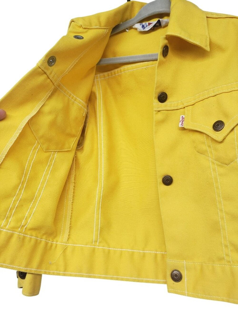 Vintage Levi's Saddleman Kids Youth Yellow Denim Jean Jacket FLAWS Girls Size 7 - Picture 16 of 16